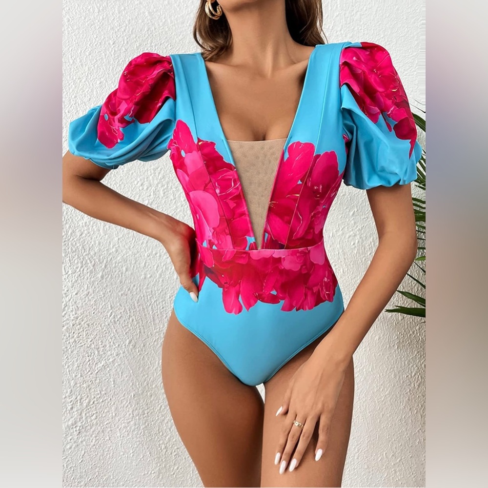 Women One Piece Swimsuit Bubble Sleeves Bathing Suit Tropical Monokini - Picture 4 of 8